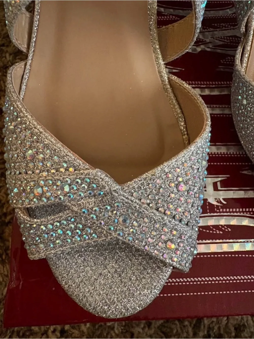 Delicacy Silver Sparkle Holographic Pump Heels Open Toe Cross Strap Size 7